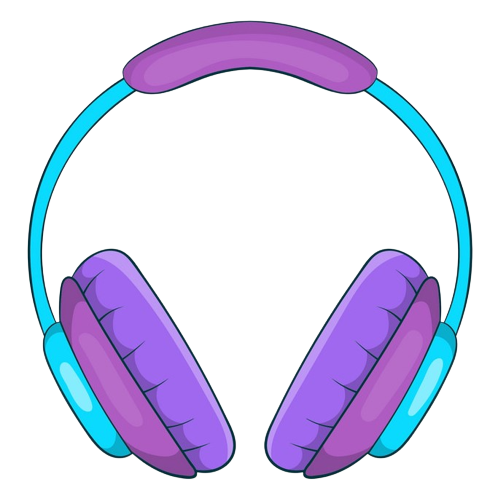 a imagem mostra o desenho de um fone de ouvido azul, com detalhes roxos